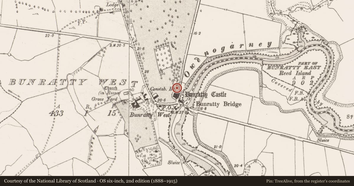 Ordnance Survey six-inch map, 2nd edition (1888–1915) covering the location of Bawn, Bunratty East, County Clare, with a pin at the register's coordinates