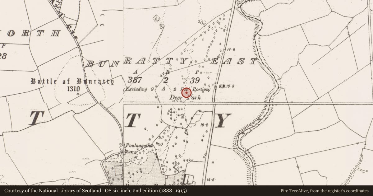 Ordnance Survey six-inch map, 2nd edition (1888–1915) covering the location of Deer park, Bunratty East, County Clare, with a pin at the register's coordinates
