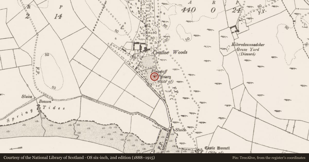Ordnance Survey six-inch map, 2nd edition (1888–1915) covering the location of Religious house - unclassified, Cratloe, County Clare, with a pin at the register's coordinates