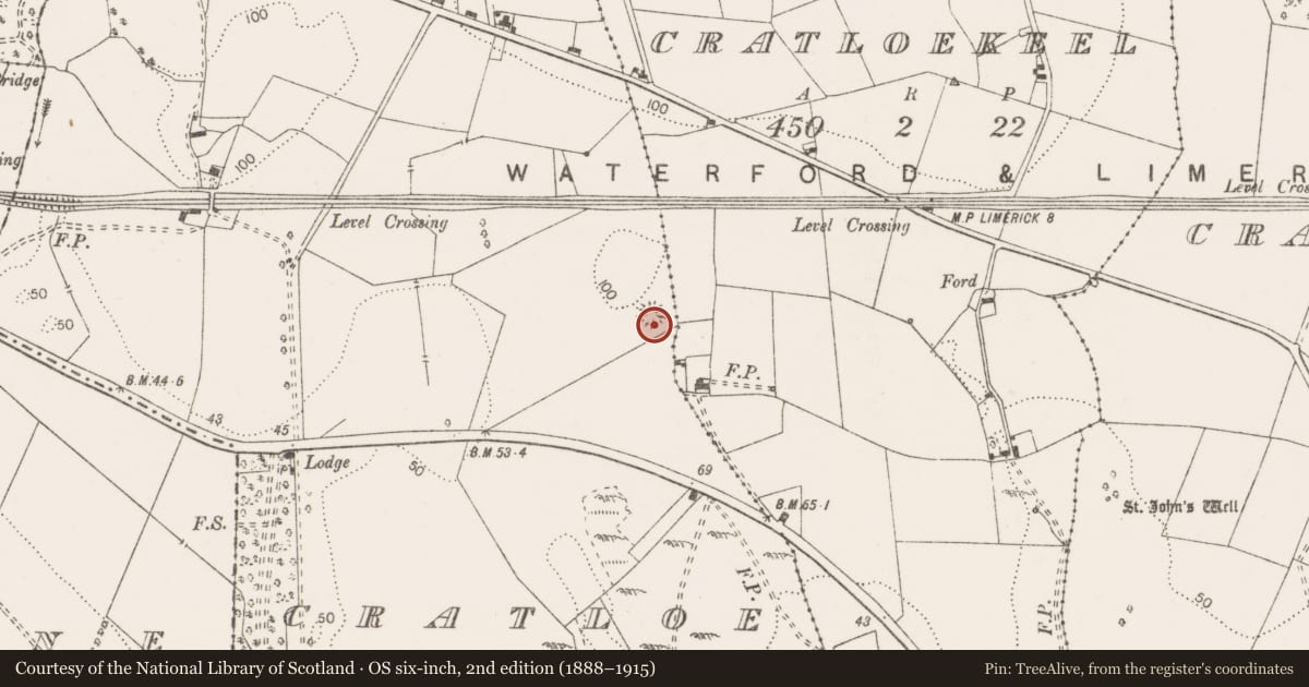 Ordnance Survey six-inch map, 2nd edition (1888–1915) covering the location of Ringfort - unclassified, Cratloe, County Clare, with a pin at the register's coordinates