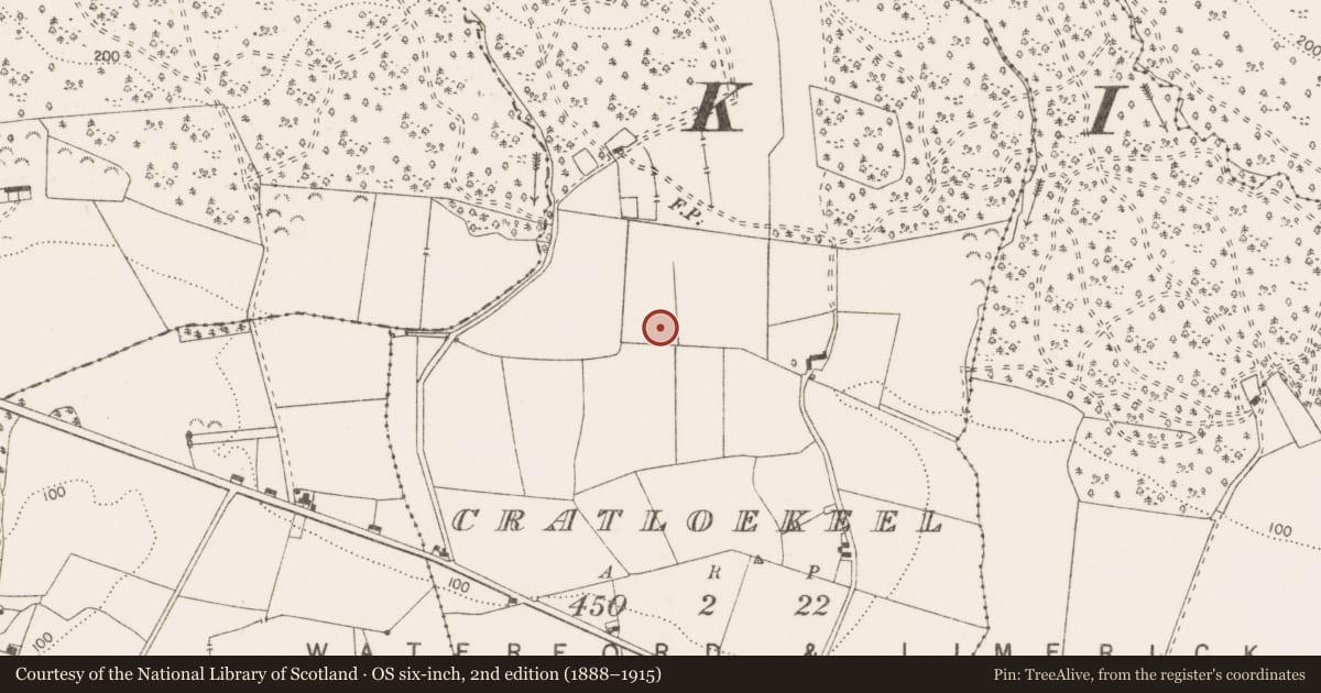 Ordnance Survey six-inch map, 2nd edition (1888–1915) covering the location of Enclosure, Cratloekeel, County Clare, with a pin at the register's coordinates