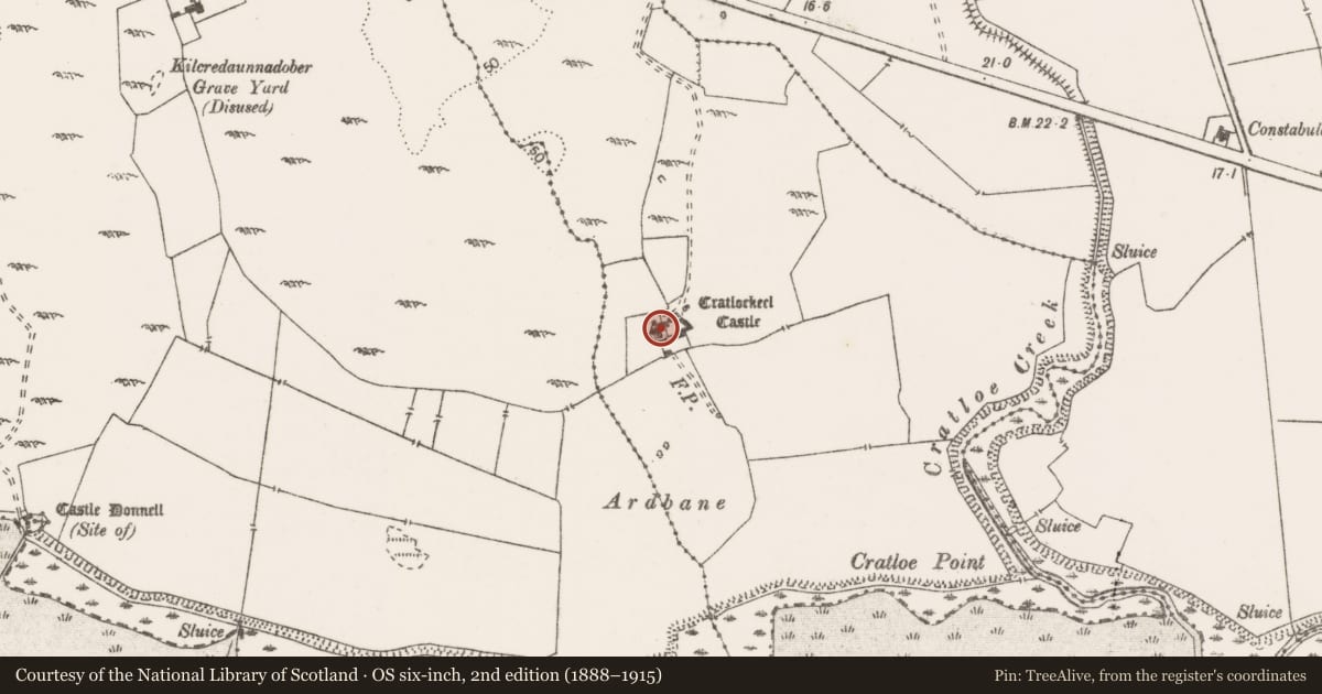 Ordnance Survey six-inch map, 2nd edition (1888–1915) covering the location of Castle - tower house, Cratloekeel, County Clare, with a pin at the register's coordinates