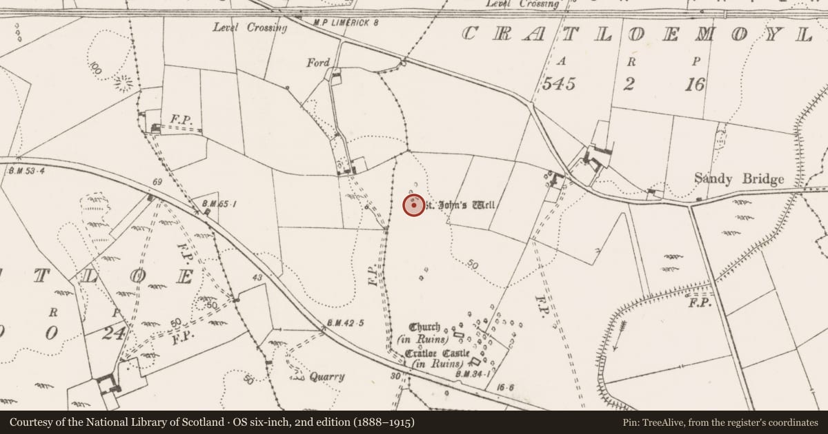Ordnance Survey six-inch map, 2nd edition (1888–1915) covering the location of Ritual site - holy well, Cratloemoyle, County Clare, with a pin at the register's coordinates