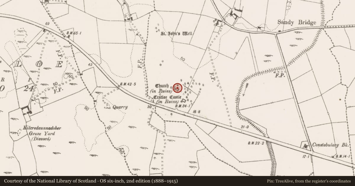 Ordnance Survey six-inch map, 2nd edition (1888–1915) covering the location of Church, Cratloemoyle, County Clare, with a pin at the register's coordinates