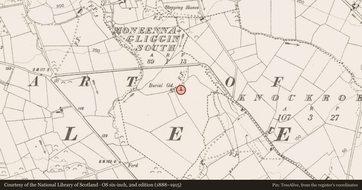 Ordnance Survey six-inch map, 2nd edition (1888–1915) covering the location of Burial ground, Moneennagliggin South, County Clare, with a pin at the register's coordinates
