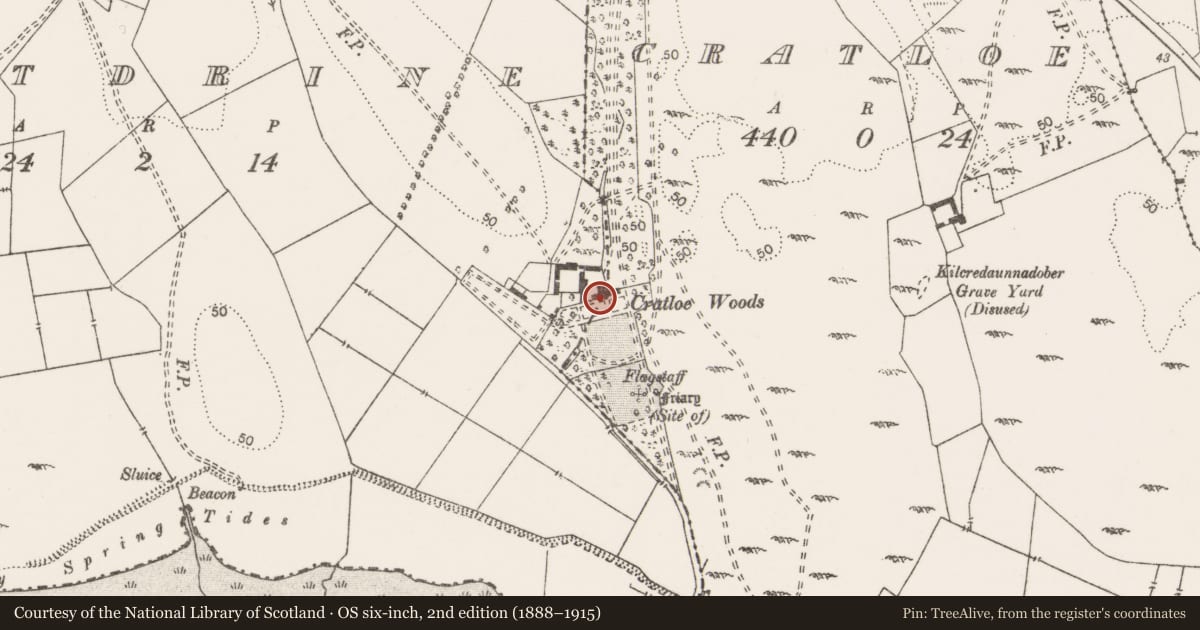 Ordnance Survey six-inch map, 2nd edition (1888–1915) covering the location of House - 16th/17th century, Cratloe, County Clare, with a pin at the register's coordinates