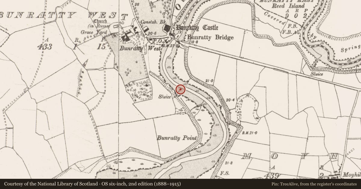 Ordnance Survey six-inch map, 2nd edition (1888–1915) covering the location of Pier/Jetty, Bunratty West, River Shannon, County Clare, with a pin at the register's coordinates