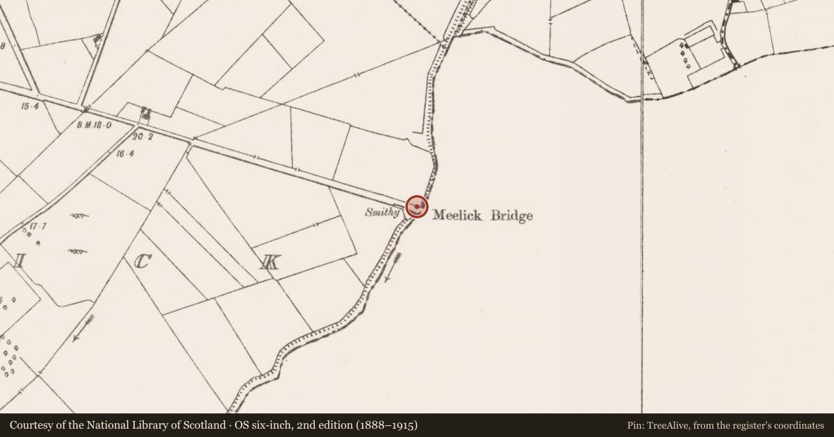 Ordnance Survey six-inch map, 2nd edition (1888–1915) covering the location of Bridge, Meelick, County Clare, with a pin at the register's coordinates