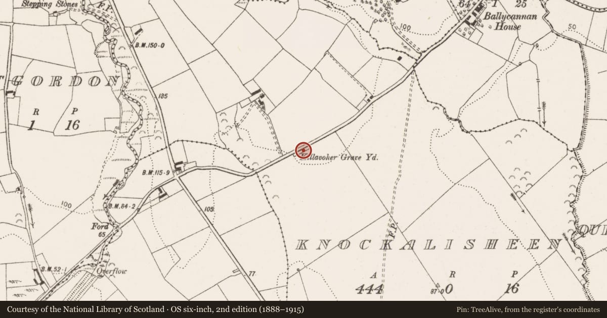 Ordnance Survey six-inch map, 2nd edition (1888–1915) covering the location of Burial ground, Knockalisheen, County Clare, with a pin at the register's coordinates