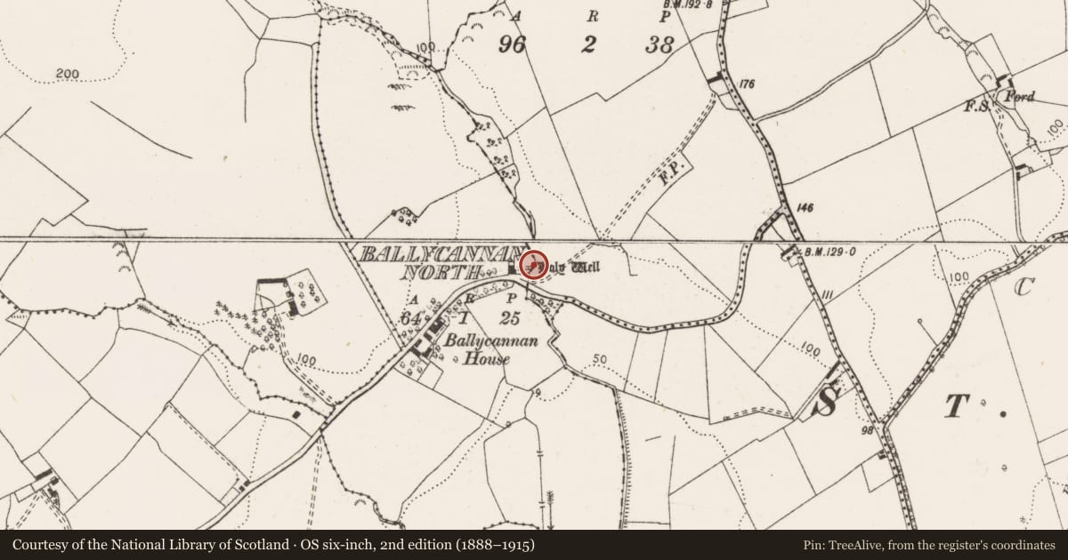 Ordnance Survey six-inch map, 2nd edition (1888–1915) covering the location of Ritual site - holy well, Ballycannan, County Clare, with a pin at the register's coordinates