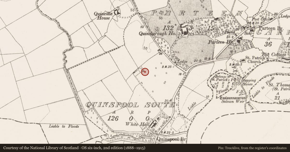 Ordnance Survey six-inch map, 2nd edition (1888–1915) covering the location of Standing stone, Quinspool South, County Clare, with a pin at the register's coordinates