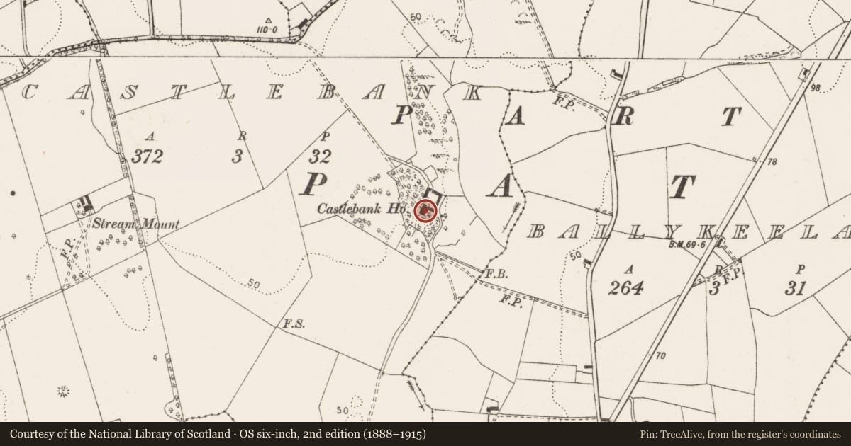Ordnance Survey six-inch map, 2nd edition (1888–1915) covering the location of Castle - unclassified, Castlebank, County Clare, with a pin at the register's coordinates