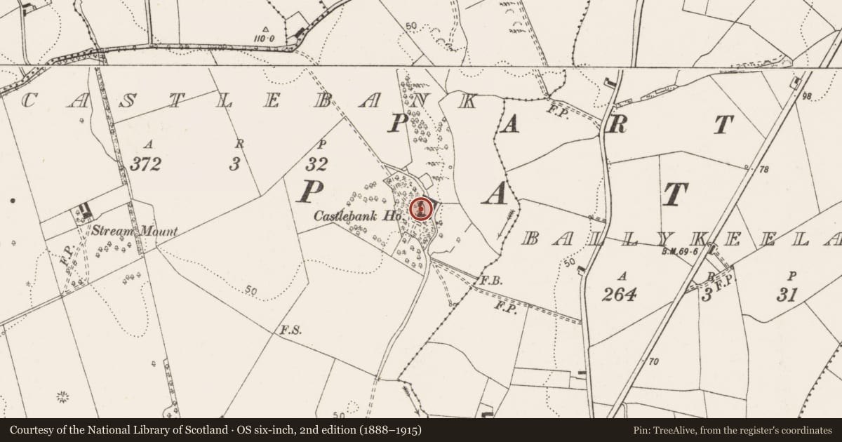 Ordnance Survey six-inch map, 2nd edition (1888–1915) covering the location of Architectural fragment, Castlebank, County Clare, with a pin at the register's coordinates