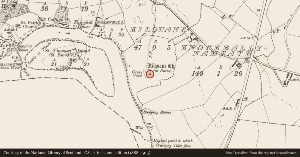 Ordnance Survey six-inch map, 2nd edition (1888–1915) covering the location of Graveyard, Kilquane, County Clare, with a pin at the register's coordinates