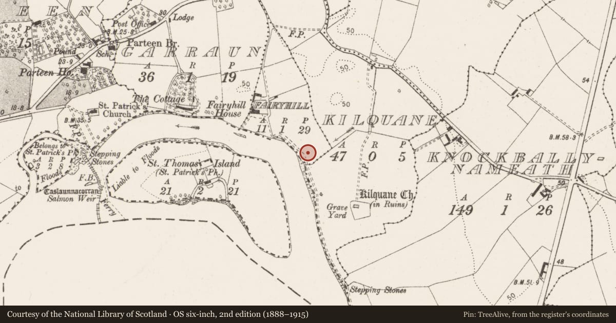 Ordnance Survey six-inch map, 2nd edition (1888–1915) covering the location of Earthwork, Fairyhill, County Clare, with a pin at the register's coordinates