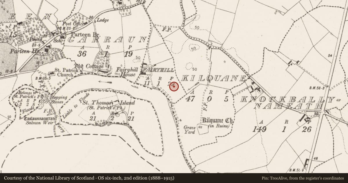 Ordnance Survey six-inch map, 2nd edition (1888–1915) covering the location of Mound, Fairyhill, County Clare, with a pin at the register's coordinates
