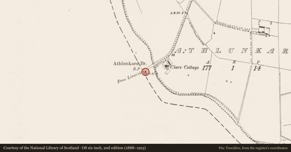 Ordnance Survey six-inch map, 2nd edition (1888–1915) covering the location of Bridge, Athlunkard, County Clare, with a pin at the register's coordinates