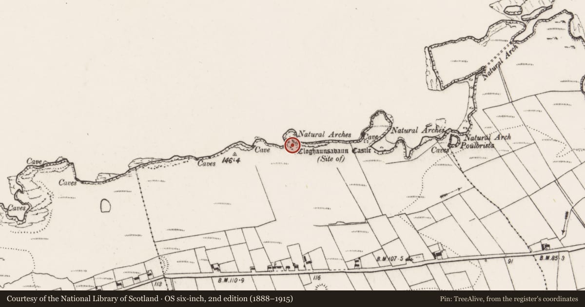 Ordnance Survey six-inch map, 2nd edition (1888–1915) covering the location of Promontory fort - coastal, Cloghaunsavaun, County Clare, with a pin at the register's coordinates