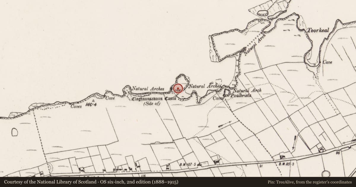Ordnance Survey six-inch map, 2nd edition (1888–1915) covering the location of Promontory fort - coastal, Cloghaunsavaun, County Clare, with a pin at the register's coordinates