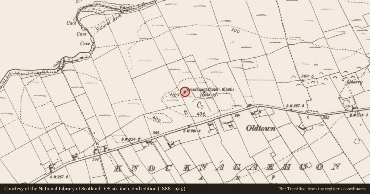 Ordnance Survey six-inch map, 2nd edition (1888–1915) covering the location of Signal tower, Knocknagarhoon, County Clare, with a pin at the register's coordinates