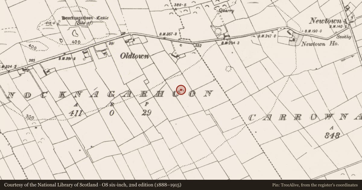 Ordnance Survey six-inch map, 2nd edition (1888–1915) covering the location of Ringfort - rath, Knocknagarhoon, County Clare, with a pin at the register's coordinates