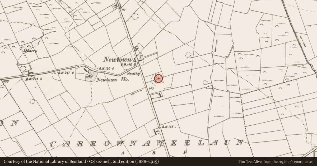 Ordnance Survey six-inch map, 2nd edition (1888–1915) covering the location of Barrow - ring-barrow, Carrownaweelaun, County Clare, with a pin at the register's coordinates