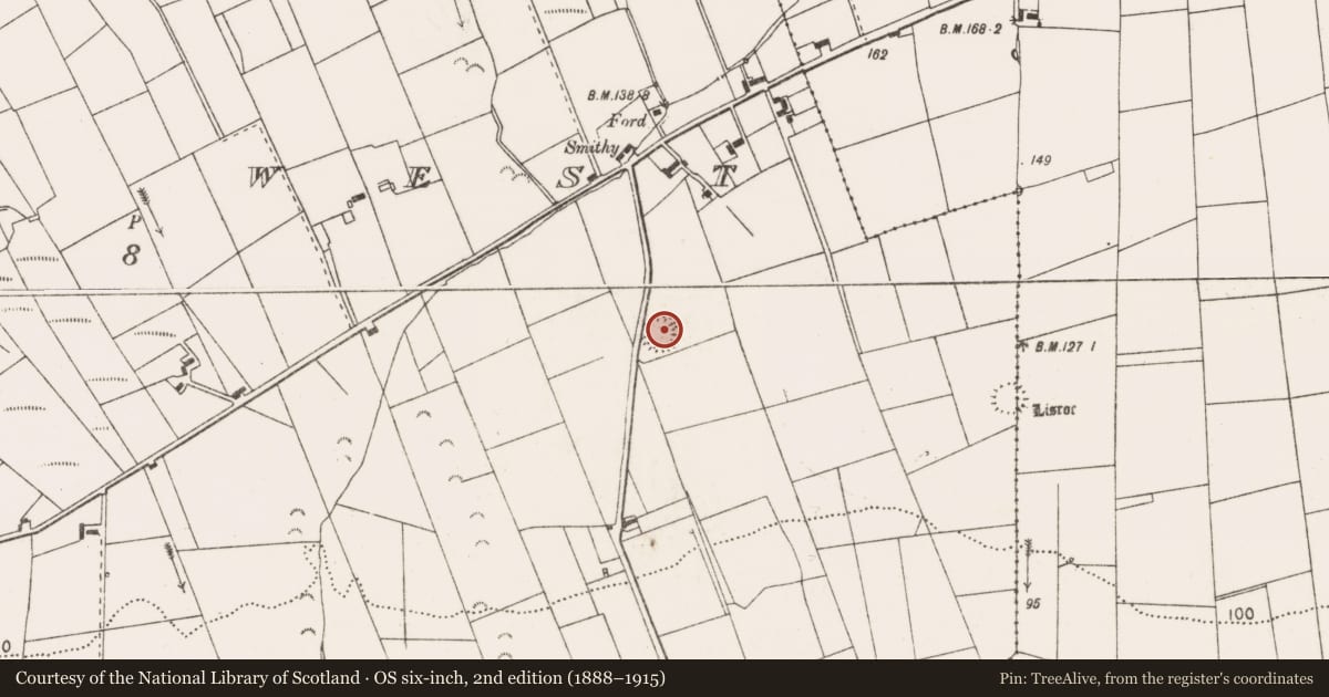 Ordnance Survey six-inch map, 2nd edition (1888–1915) covering the location of Ringfort - rath, Moveen West, County Clare, with a pin at the register's coordinates