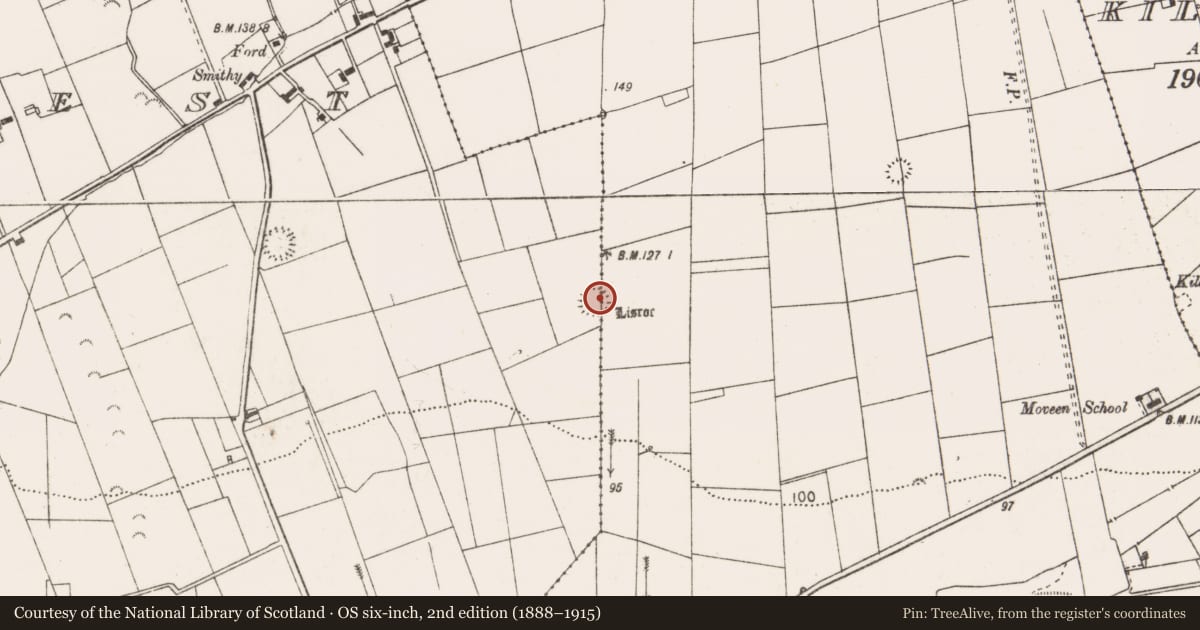 Ordnance Survey six-inch map, 2nd edition (1888–1915) covering the location of Ringfort - rath, Moveen East, Moveen West, County Clare, with a pin at the register's coordinates
