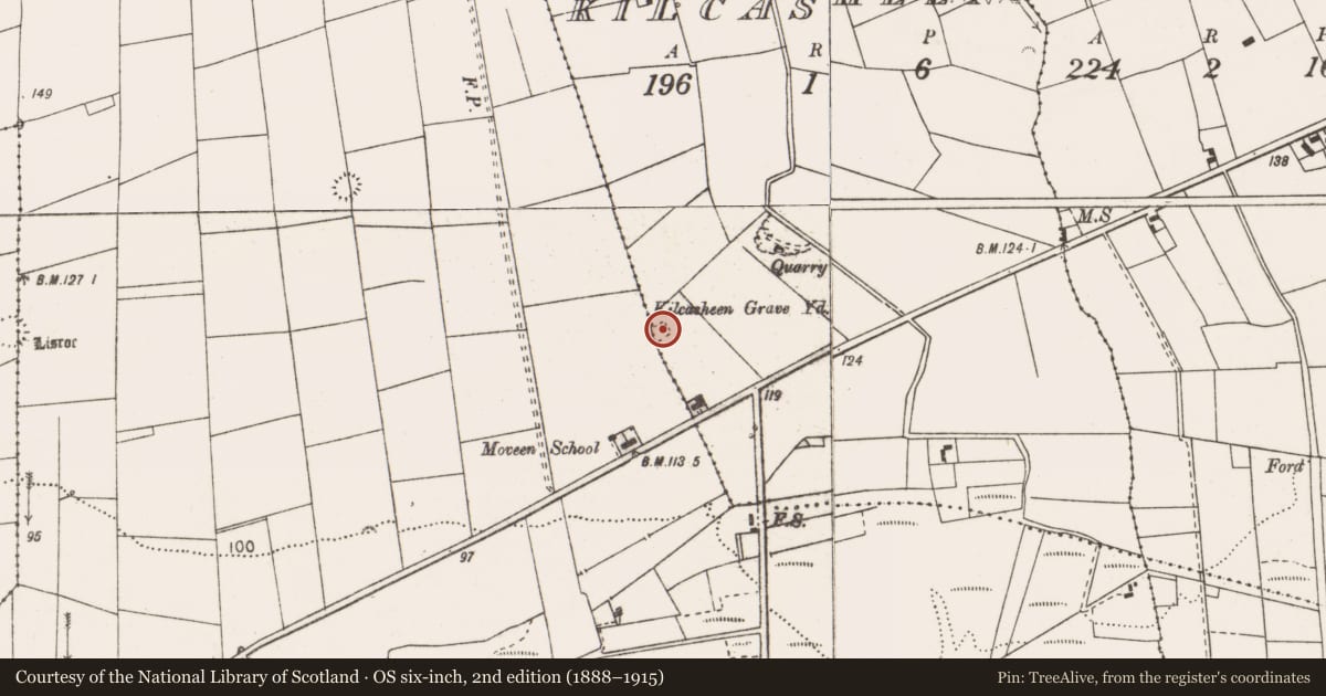 Ordnance Survey six-inch map, 2nd edition (1888–1915) covering the location of Graveyard, Kilcasheen, County Clare, with a pin at the register's coordinates
