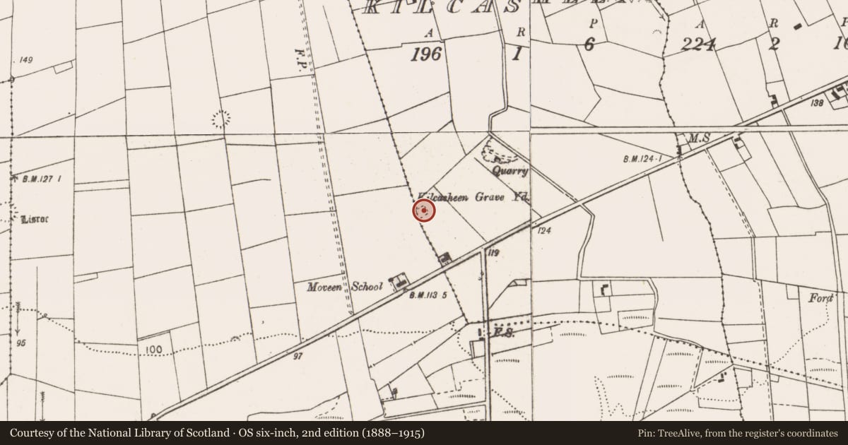 Ordnance Survey six-inch map, 2nd edition (1888–1915) covering the location of Children's burial ground, Kilcasheen, County Clare, with a pin at the register's coordinates
