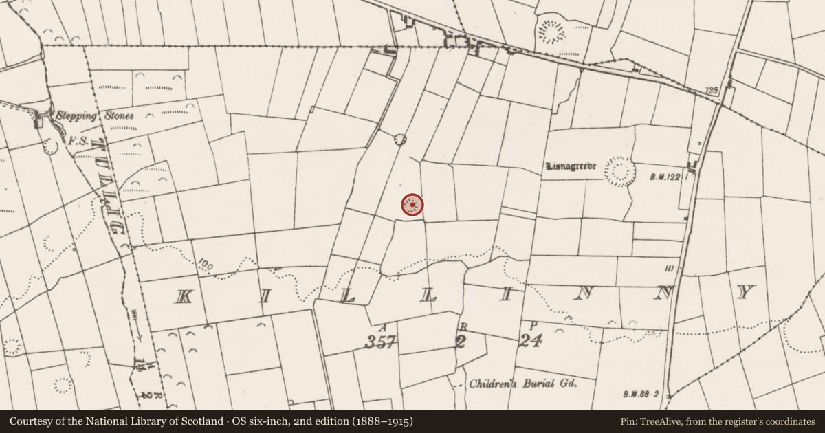 Ordnance Survey six-inch map, 2nd edition (1888–1915) covering the location of Ringfort - rath, Killinny, County Clare, with a pin at the register's coordinates