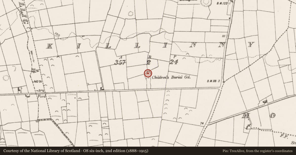 Ordnance Survey six-inch map, 2nd edition (1888–1915) covering the location of Children's burial ground, Killinny, County Clare, with a pin at the register's coordinates