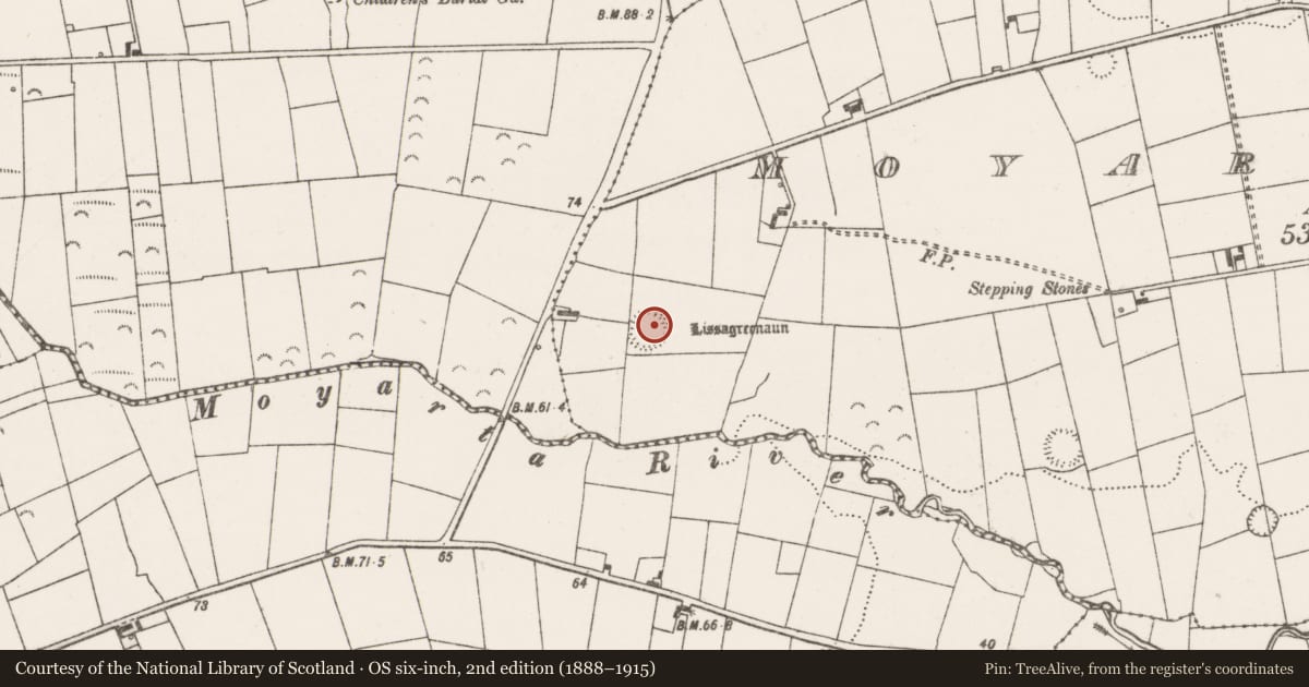Ordnance Survey six-inch map, 2nd edition (1888–1915) covering the location of Ringfort - rath, Moyarta West, County Clare, with a pin at the register's coordinates