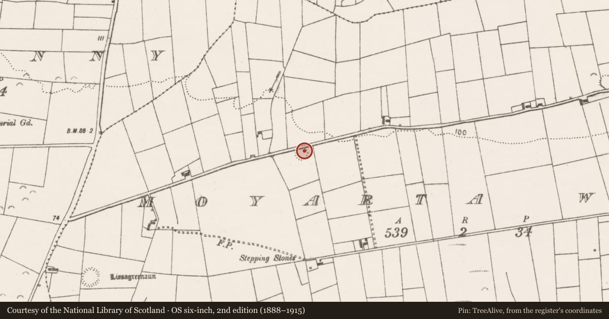 Ordnance Survey six-inch map, 2nd edition (1888–1915) covering the location of Ringfort - rath, Moyarta West, County Clare, with a pin at the register's coordinates