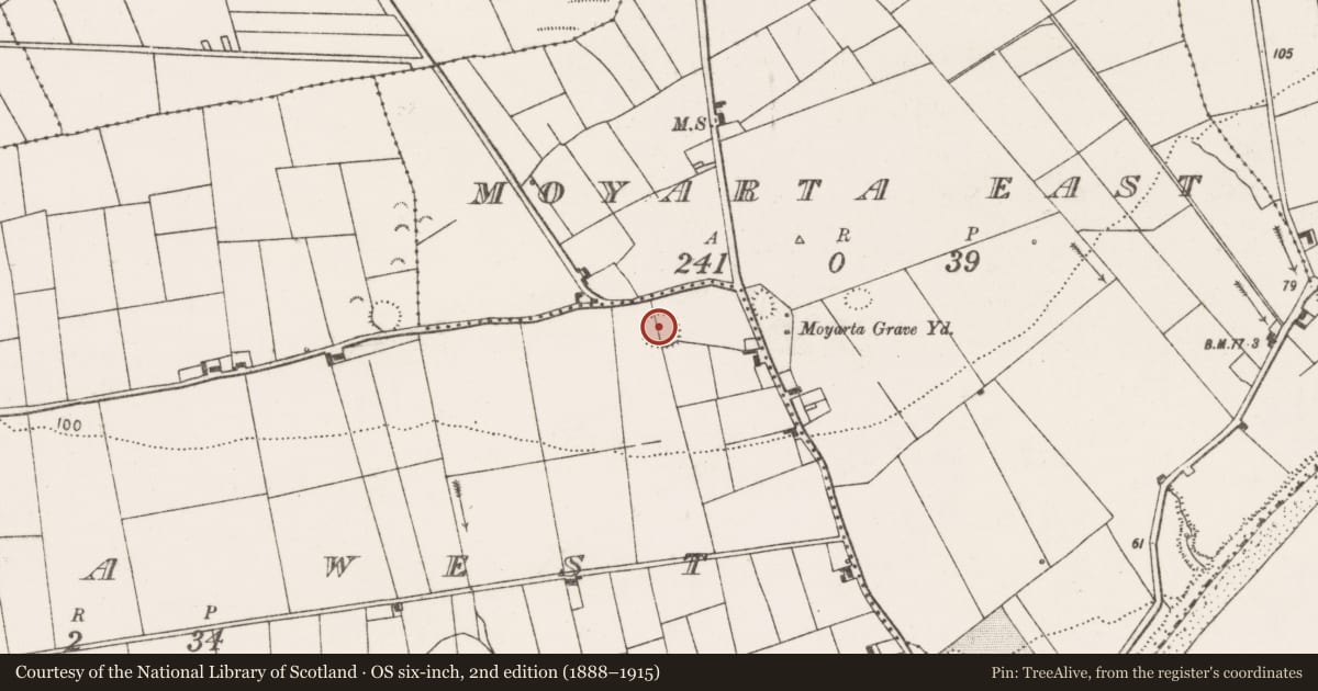 Ordnance Survey six-inch map, 2nd edition (1888–1915) covering the location of Ringfort - rath, Moyarta West, County Clare, with a pin at the register's coordinates