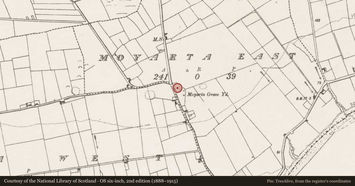 Ordnance Survey six-inch map, 2nd edition (1888–1915) covering the location of Church, Moyarta East, County Clare, with a pin at the register's coordinates