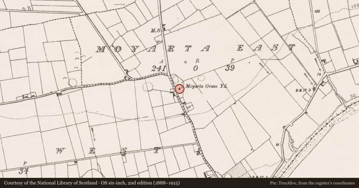 Ordnance Survey six-inch map, 2nd edition (1888–1915) covering the location of Graveyard, Moyarta East, County Clare, with a pin at the register's coordinates