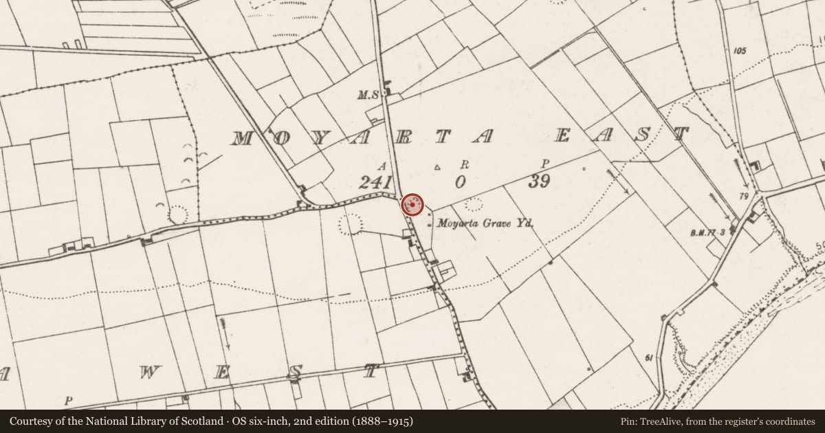 Ordnance Survey six-inch map, 2nd edition (1888–1915) covering the location of Ringfort - rath, Moyarta East, County Clare, with a pin at the register's coordinates