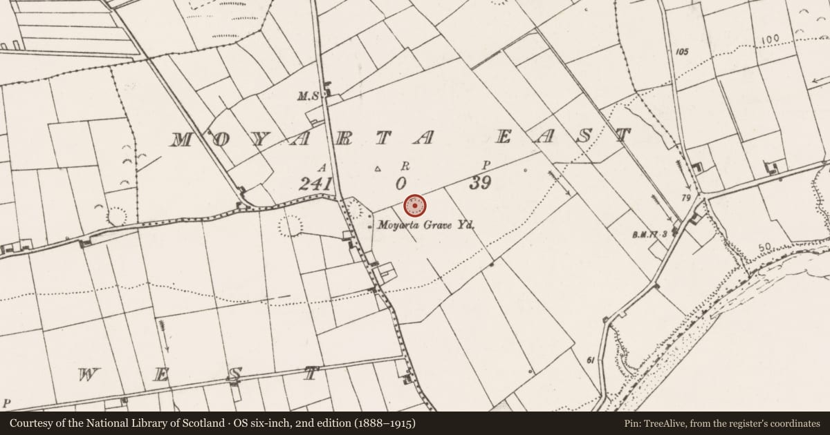 Ordnance Survey six-inch map, 2nd edition (1888–1915) covering the location of Ringfort - rath, Moyarta East, County Clare, with a pin at the register's coordinates