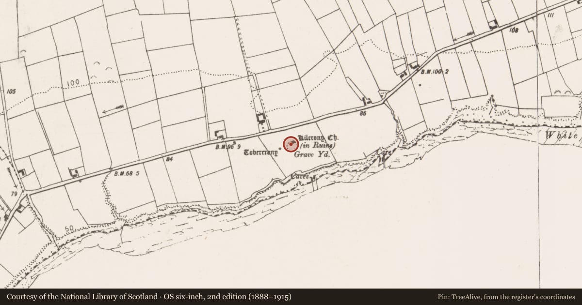 Ordnance Survey six-inch map, 2nd edition (1888–1915) covering the location of Church, Lisheencrony, County Clare, with a pin at the register's coordinates