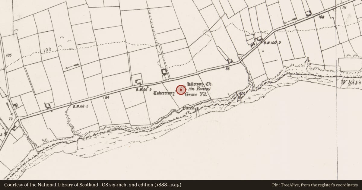 Ordnance Survey six-inch map, 2nd edition (1888–1915) covering the location of Graveyard, Lisheencrony, County Clare, with a pin at the register's coordinates
