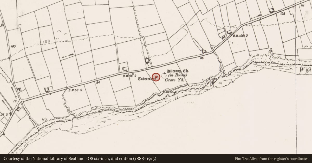 Ordnance Survey six-inch map, 2nd edition (1888–1915) covering the location of Ritual site - holy well, Lisheencrony, County Clare, with a pin at the register's coordinates