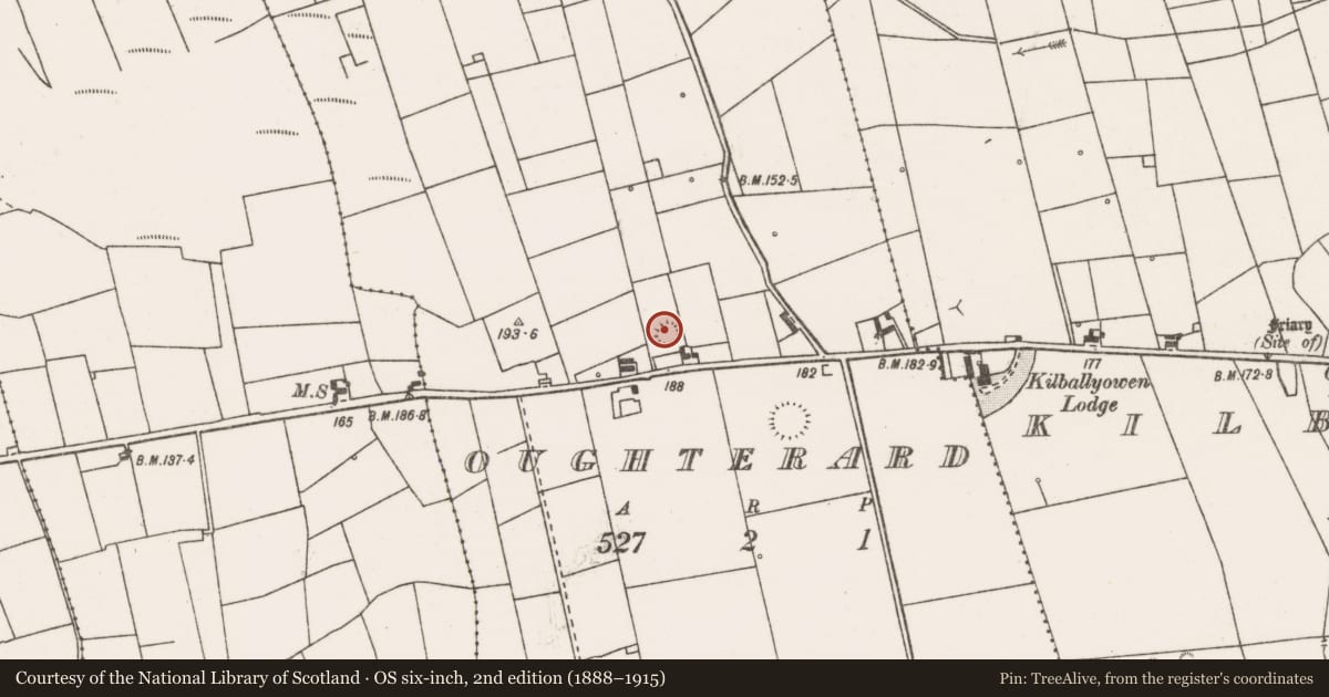 Ordnance Survey six-inch map, 2nd edition (1888–1915) covering the location of Ringfort - rath, Oughterard, County Clare, with a pin at the register's coordinates