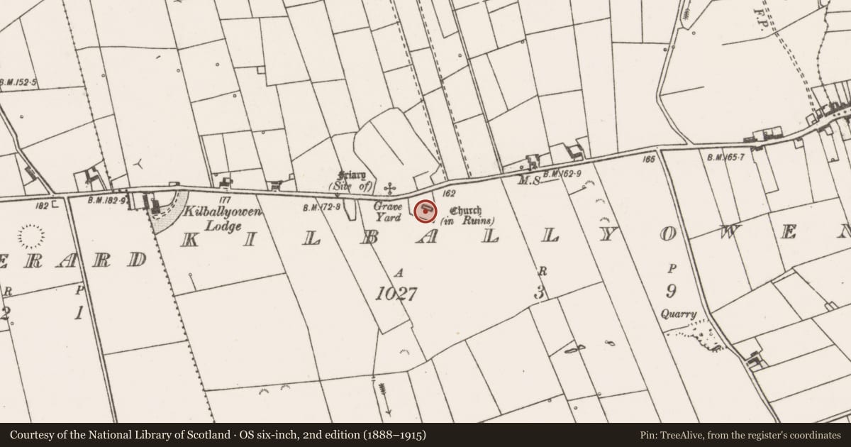 Ordnance Survey six-inch map, 2nd edition (1888–1915) covering the location of Church, Kilballyowen, County Clare, with a pin at the register's coordinates