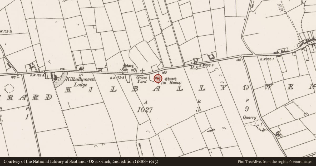 Ordnance Survey six-inch map, 2nd edition (1888–1915) covering the location of Graveyard, Kilballyowen, County Clare, with a pin at the register's coordinates