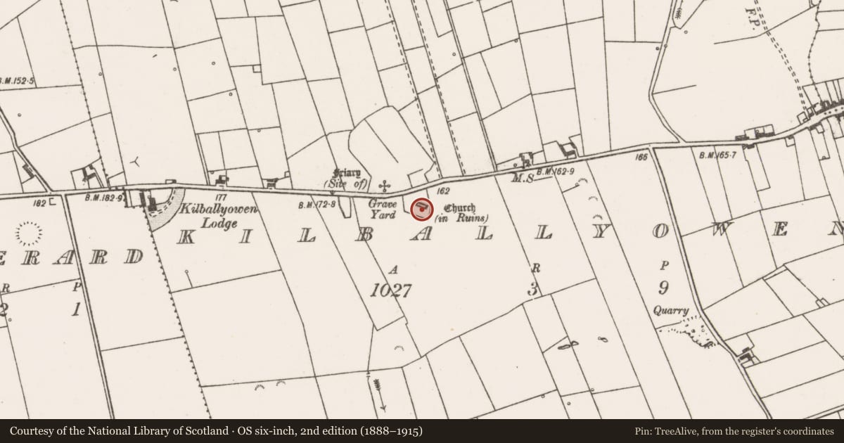 Ordnance Survey six-inch map, 2nd edition (1888–1915) covering the location of Font, Kilballyowen, County Clare, with a pin at the register's coordinates