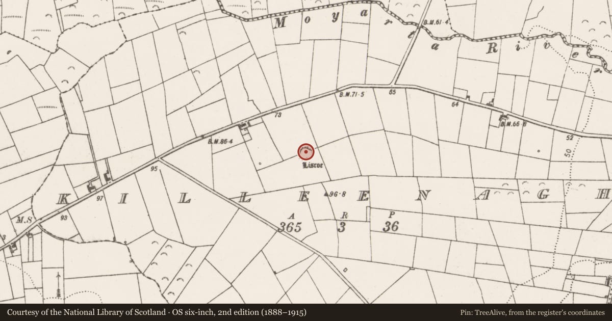 Ordnance Survey six-inch map, 2nd edition (1888–1915) covering the location of Ringfort - rath, Killeenagh, County Clare, with a pin at the register's coordinates