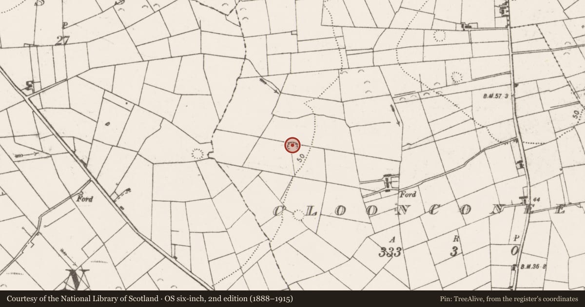 Ordnance Survey six-inch map, 2nd edition (1888–1915) covering the location of Ringfort - rath, Cloonconeen, County Clare, with a pin at the register's coordinates