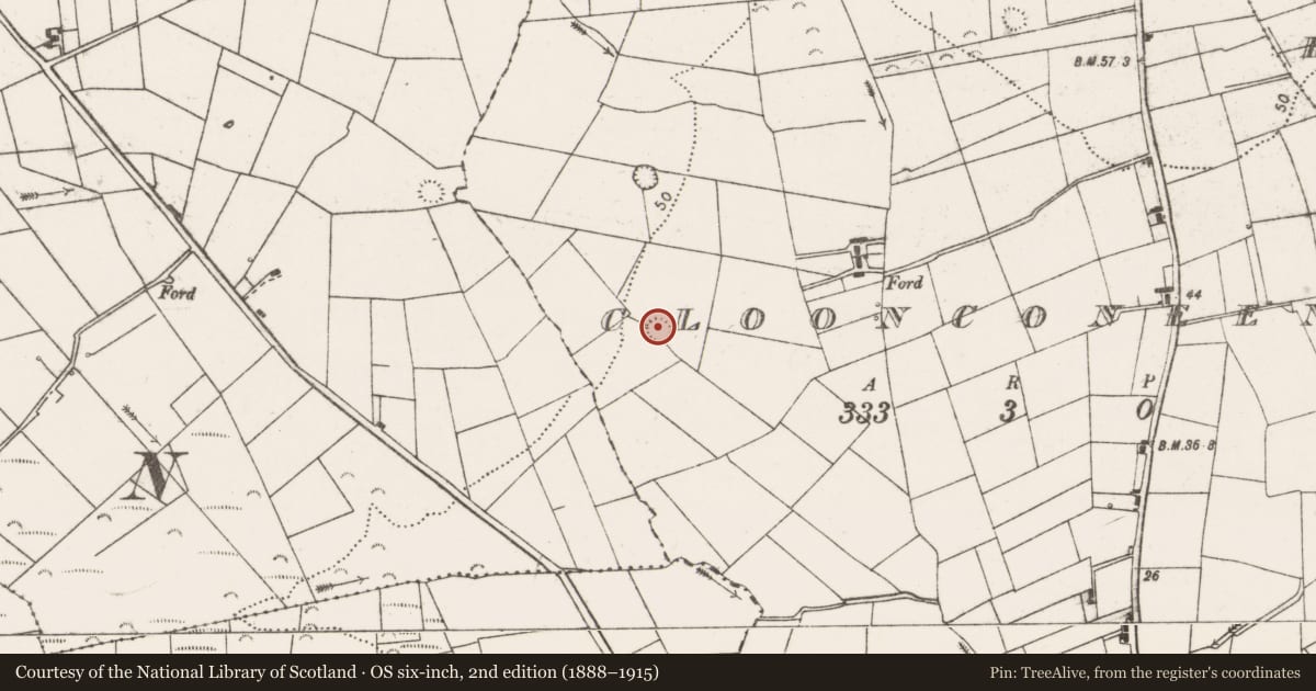 Ordnance Survey six-inch map, 2nd edition (1888–1915) covering the location of Ringfort - rath, Cloonconeen, County Clare, with a pin at the register's coordinates