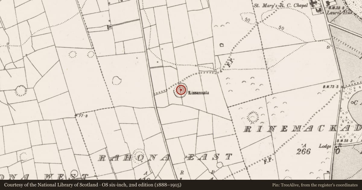 Ordnance Survey six-inch map, 2nd edition (1888–1915) covering the location of Ringfort - rath, Rahona East, County Clare, with a pin at the register's coordinates
